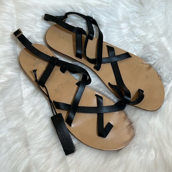 Topshop Black Strappy Flat Casual Summer Sandals - Picture 1 of 10